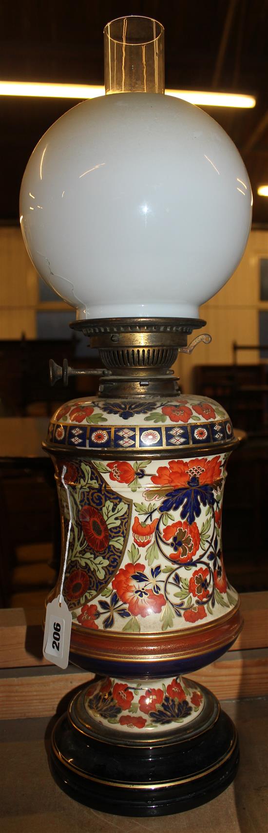 Victorian Imari vase pottery oil lamp, with white glass shade and two chimneys